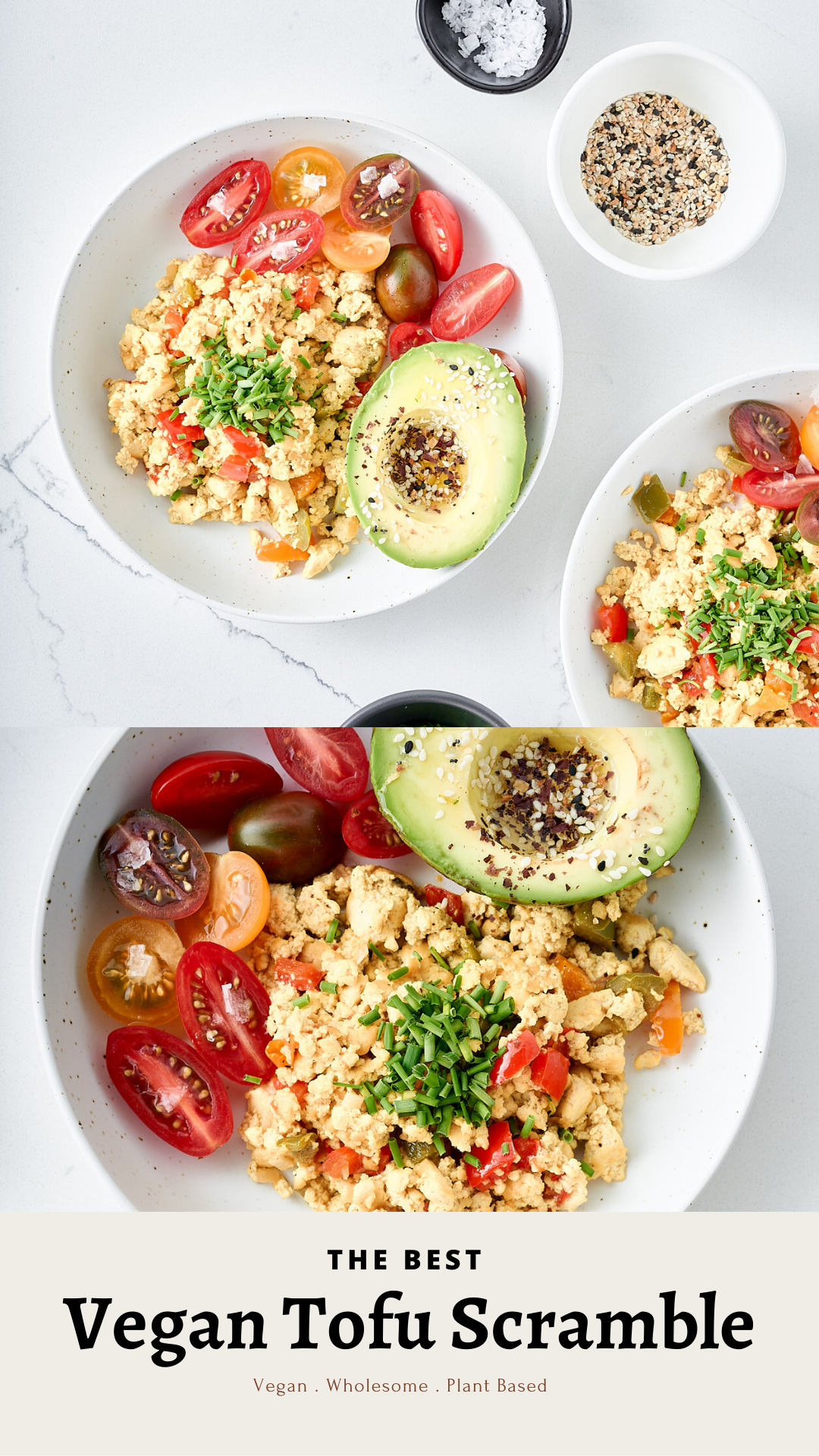 Vegan tofu scramble with cherry tomatoes, avocado and chives. 