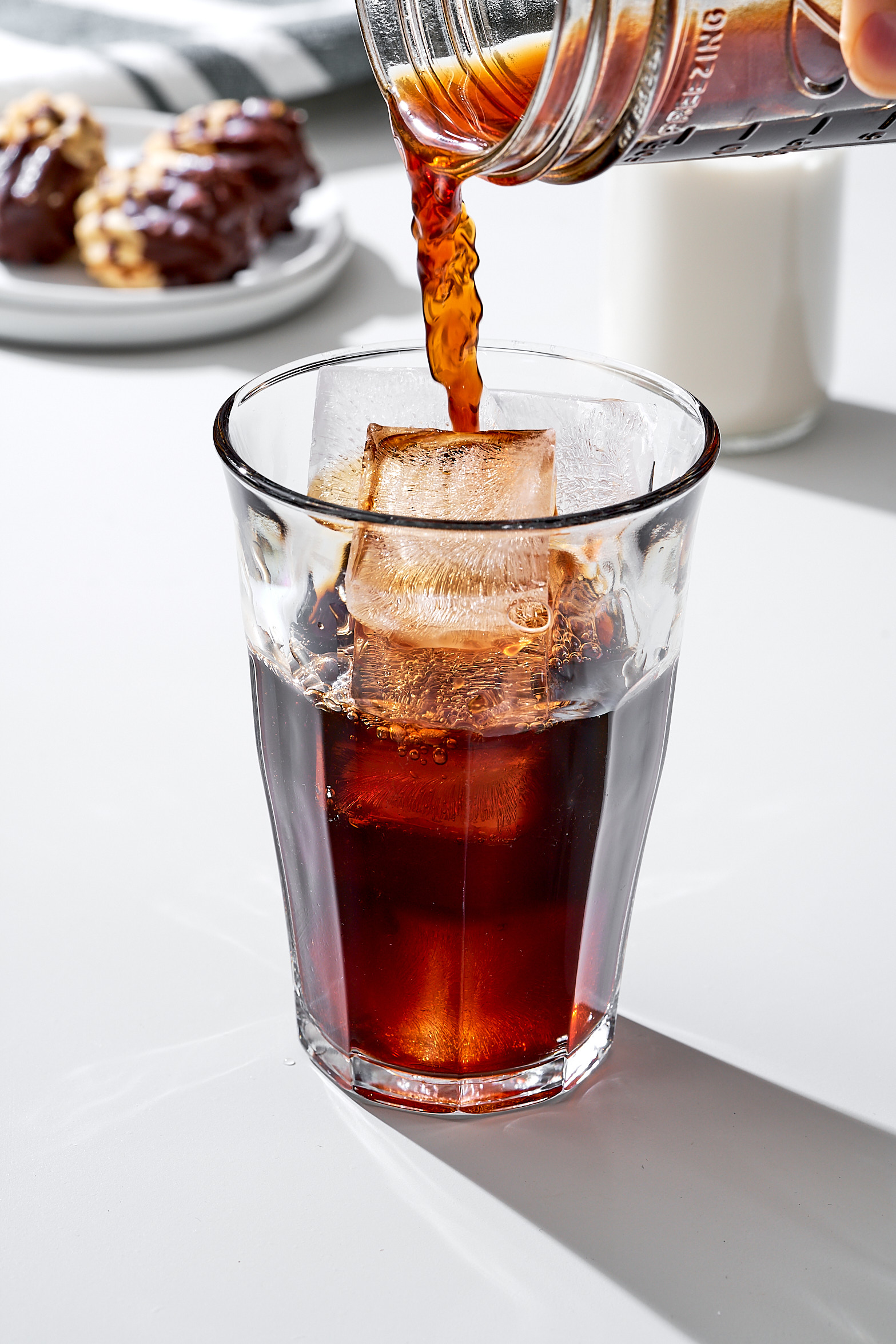 Cold brew coffee poured over ice. 