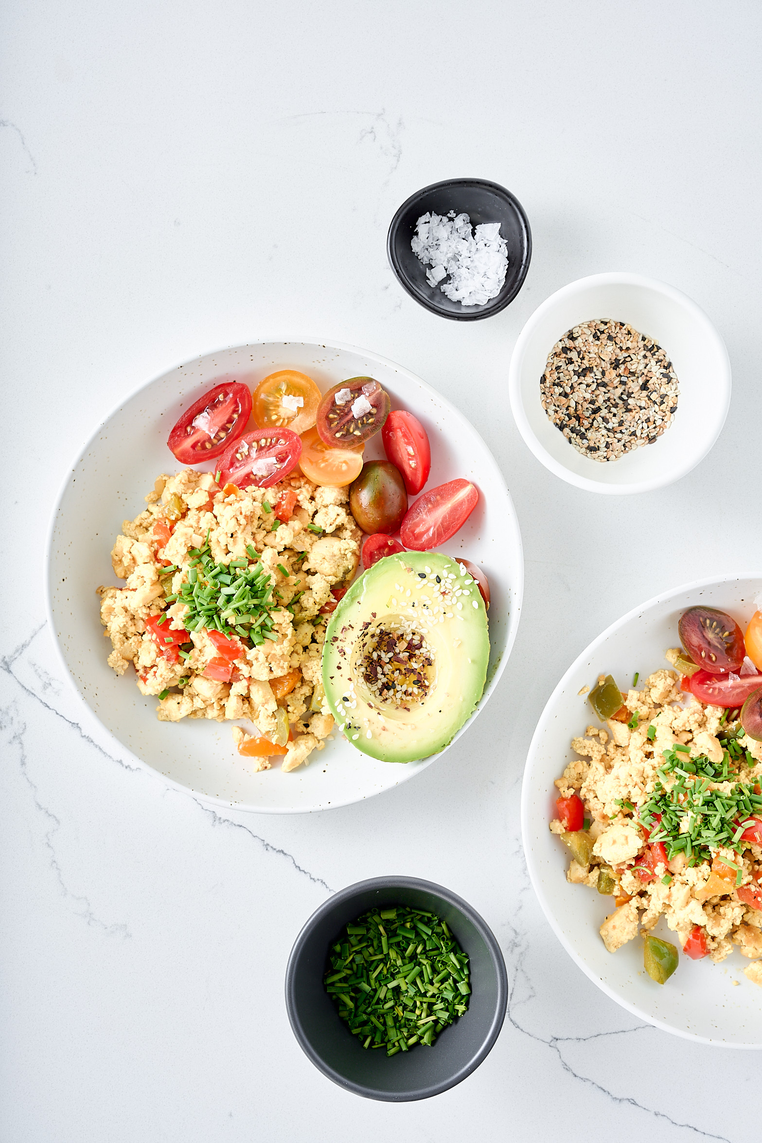 Vegan tofu scramble with avocado.